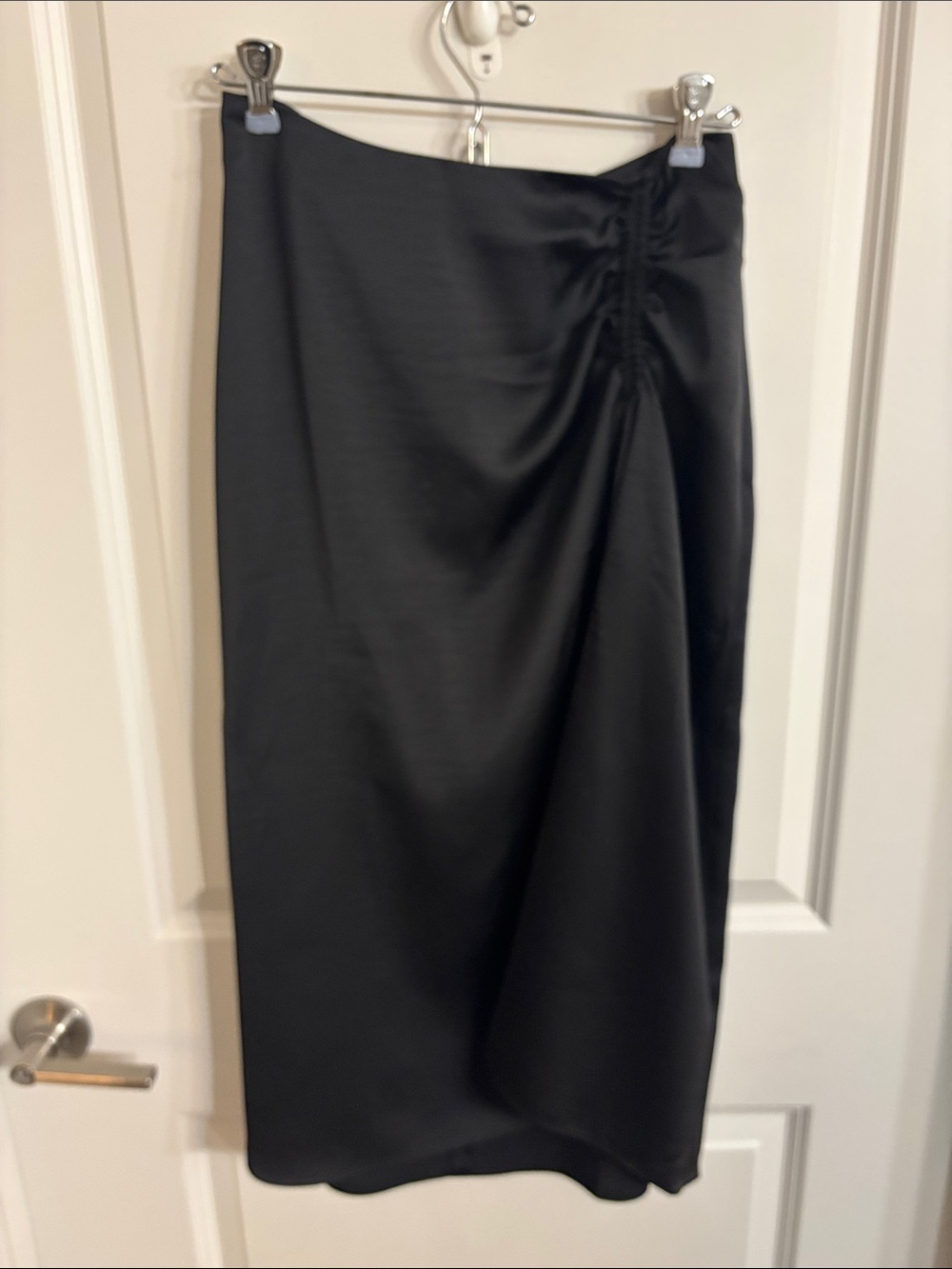 Loft Black Satin Midi Skirt with Side Ruching